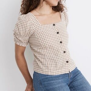 Madewell Linen-Blend Square-Neck Puff-Sleeve Top in Gingham Check